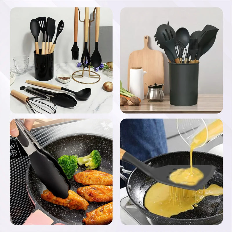 Jogo de Cozinha Kit C/12 Peças Utensílios de Cozinha em Silicone e Cabo de Madeira Antiaderentes