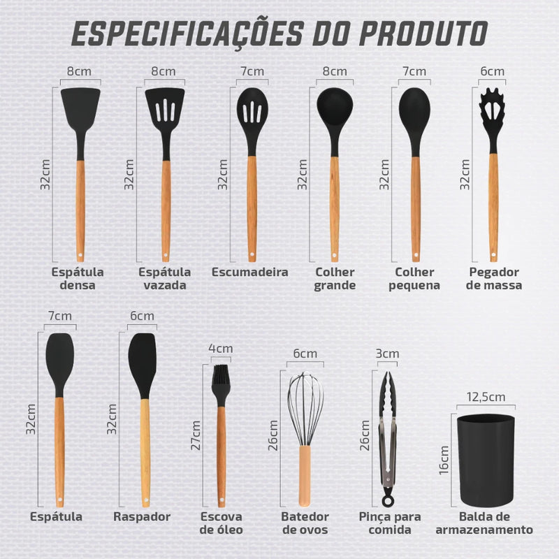 Jogo de Cozinha Kit C/12 Peças Utensílios de Cozinha em Silicone e Cabo de Madeira Antiaderentes