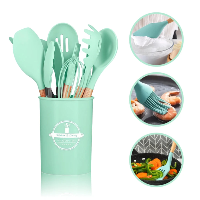 Jogo de Cozinha Kit C/12 Peças Utensílios de Cozinha em Silicone e Cabo de Madeira Antiaderentes
