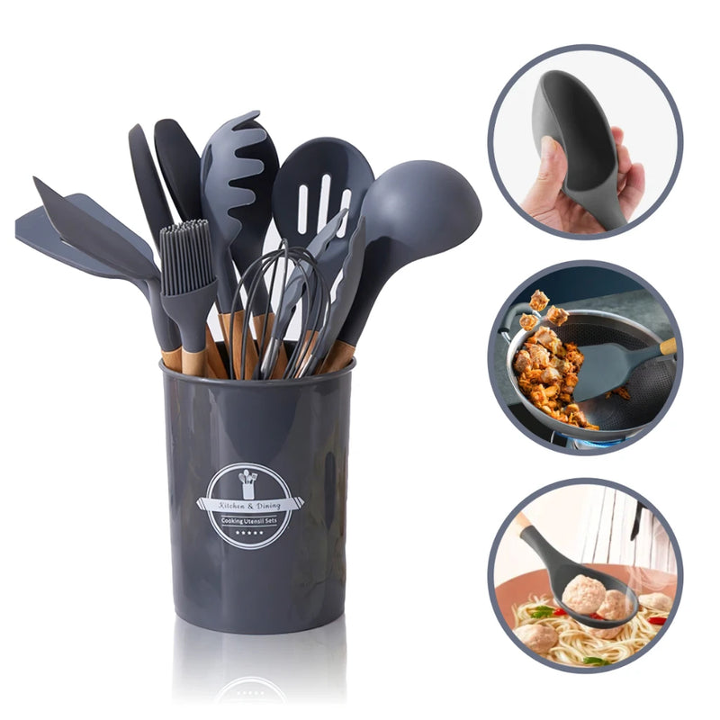 Jogo de Cozinha Kit C/12 Peças Utensílios de Cozinha em Silicone e Cabo de Madeira Antiaderentes