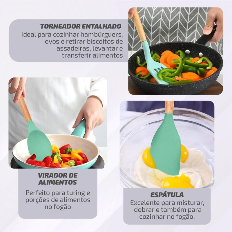 Jogo de Cozinha Kit C/12 Peças Utensílios de Cozinha em Silicone e Cabo de Madeira Antiaderentes