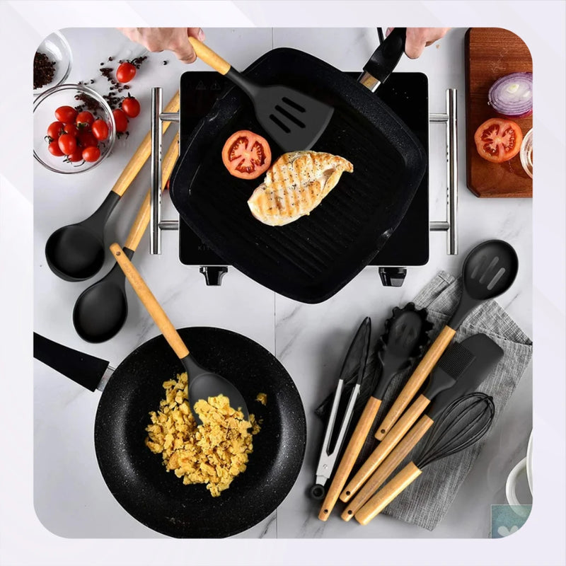Jogo de Cozinha Kit C/12 Peças Utensílios de Cozinha em Silicone e Cabo de Madeira Antiaderentes