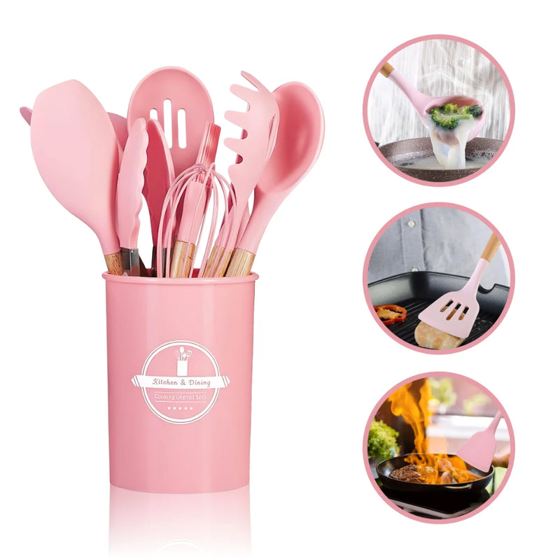 Jogo de Cozinha Kit C/12 Peças Utensílios de Cozinha em Silicone e Cabo de Madeira Antiaderentes