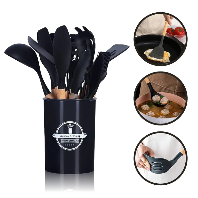 Jogo de Cozinha Kit C/12 Peças Utensílios de Cozinha em Silicone e Cabo de Madeira Antiaderentes
