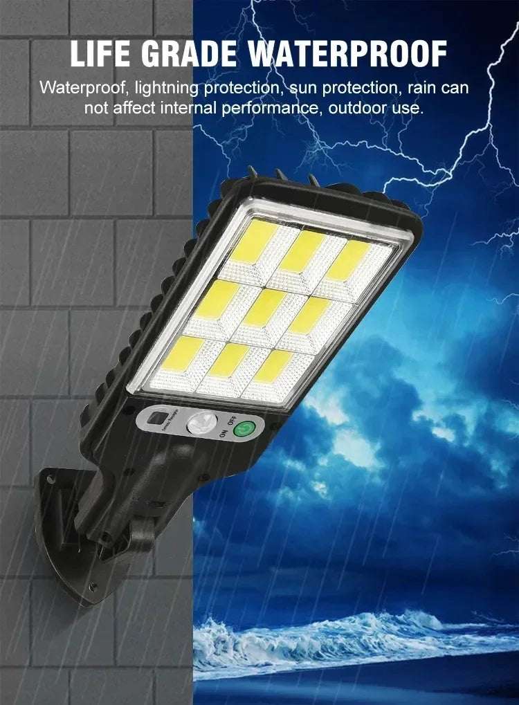 Iluminação solar ao ar livre, lâmpada de parede com sensor de movimento, segurança para jardim, pátio, caminho, quintal, LED 108COB, 3 modos de iluminação