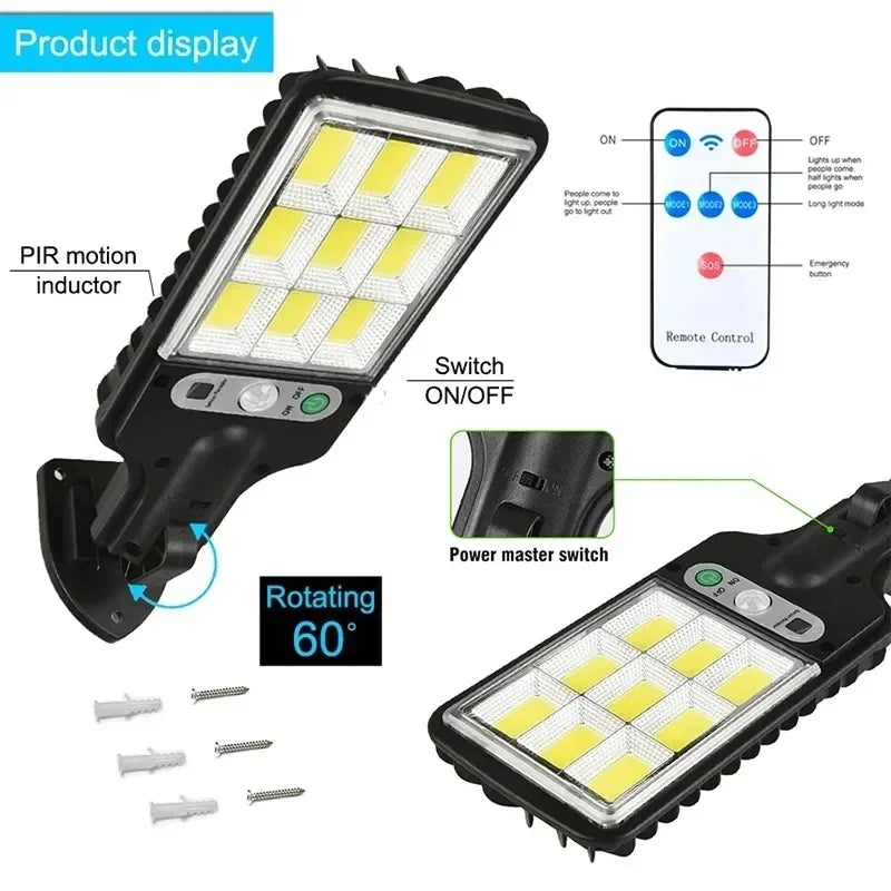Iluminação solar ao ar livre, lâmpada de parede com sensor de movimento, segurança para jardim, pátio, caminho, quintal, LED 108COB, 3 modos de iluminação