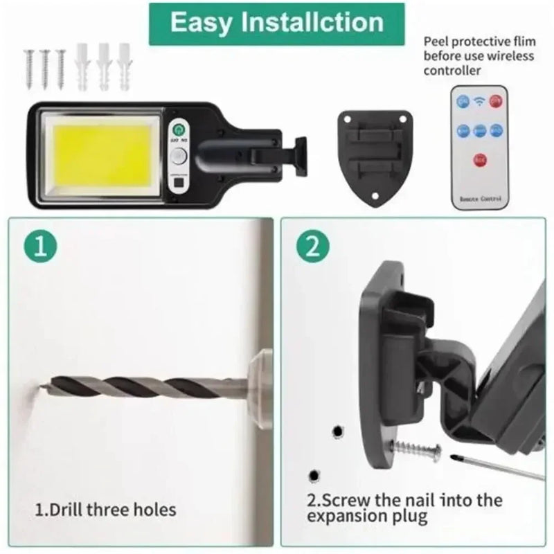 Iluminação solar ao ar livre, lâmpada de parede com sensor de movimento, segurança para jardim, pátio, caminho, quintal, LED 108COB, 3 modos de iluminação