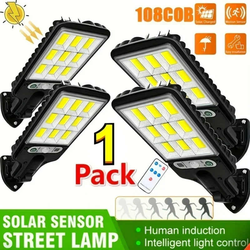 Iluminação solar ao ar livre, lâmpada de parede com sensor de movimento, segurança para jardim, pátio, caminho, quintal, LED 108COB, 3 modos de iluminação